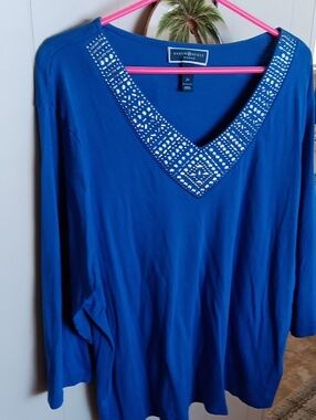 Karen Scott Royal Blue V-Neck Long Sleeve Top with Embellished Neckline 2x